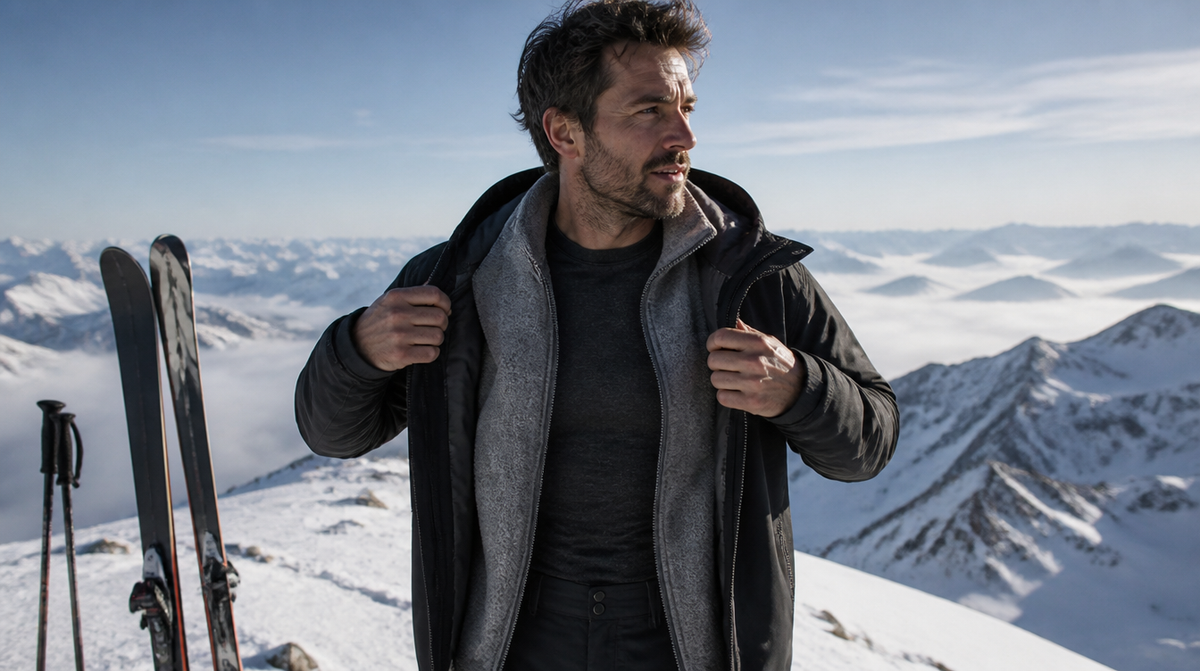 Skier adjusting base layer, fleece and shell jacket on a summit