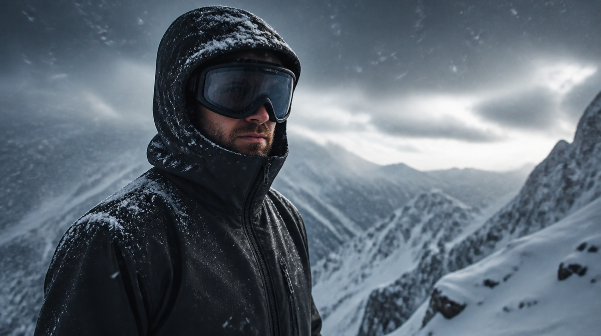 Skier in a black hooded ski jacket standing in a snowstorm