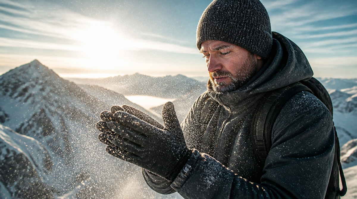Skier in a beanie clapping snow off black ski gloves on a windy summit
