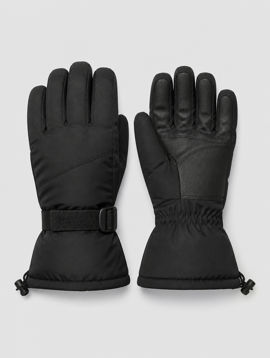 Pair of black waterproof insulated ski gloves with wrist strap