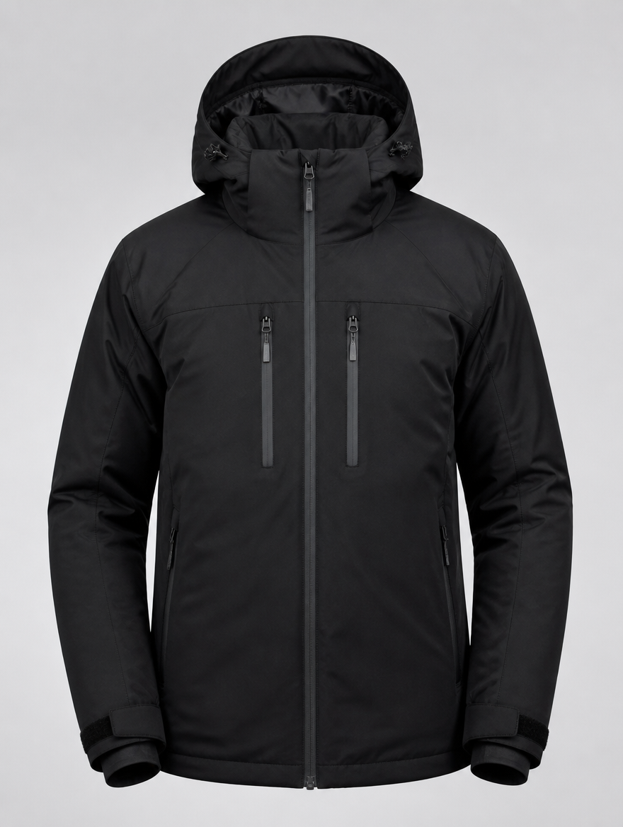 Men's black waterproof insulated ski jacket with hood - front view