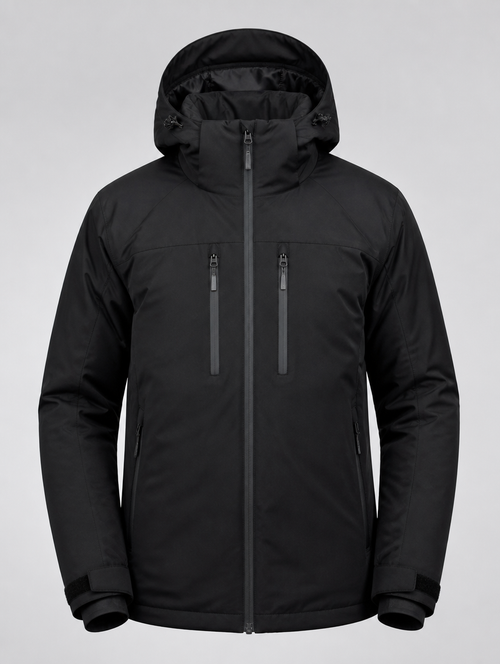 Men's black waterproof insulated ski jacket with hood - front view