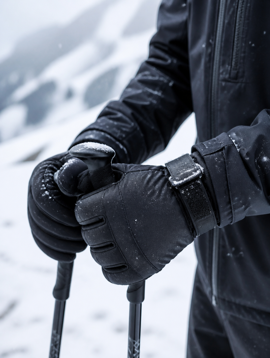 Hands wearing the black ski gloves holding ski poles