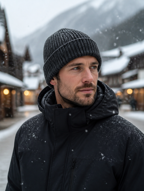 Person wearing the charcoal knit beanie in light snowfall