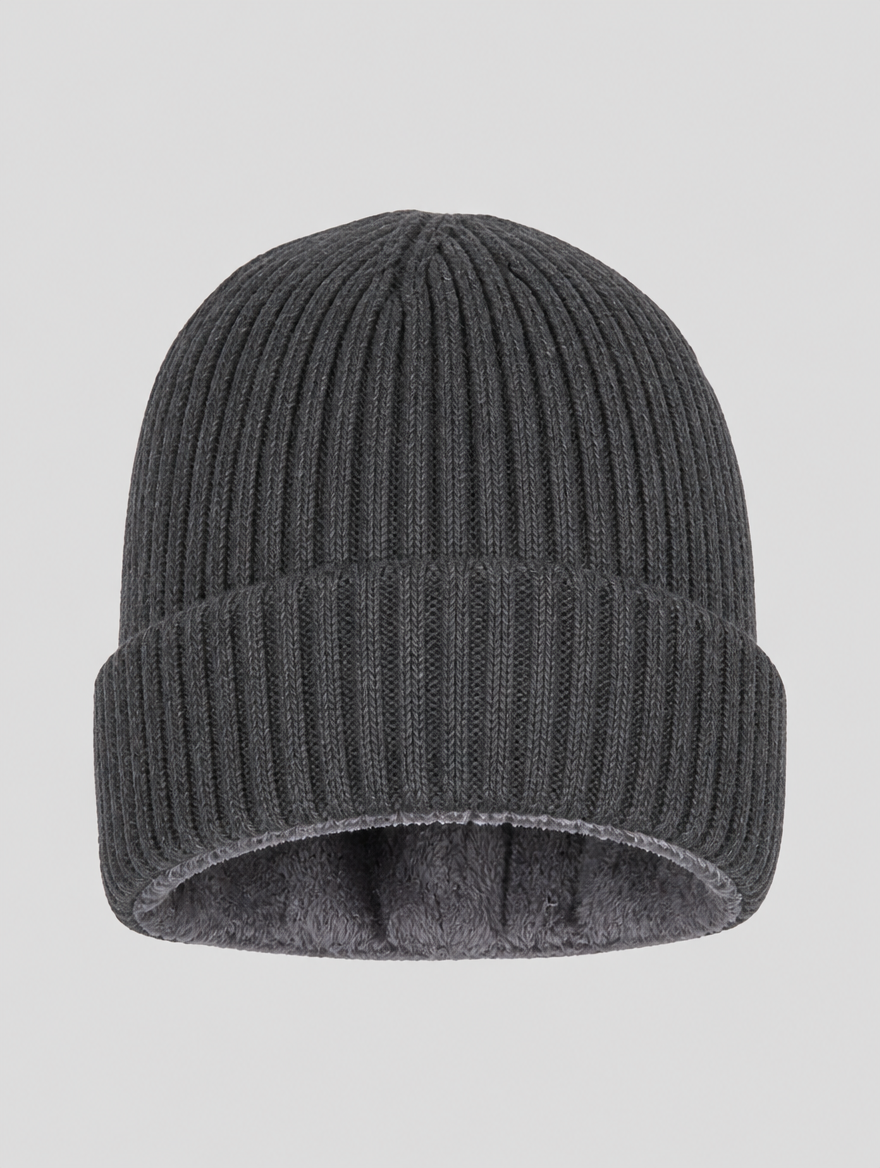 Charcoal fleece-lined ribbed knit winter beanie with cuff