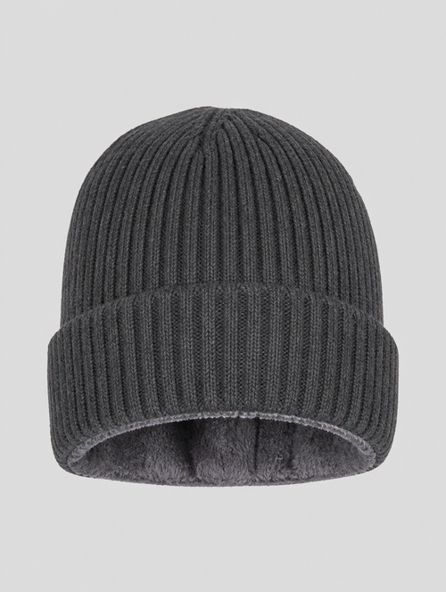Charcoal fleece-lined ribbed knit winter beanie with cuff