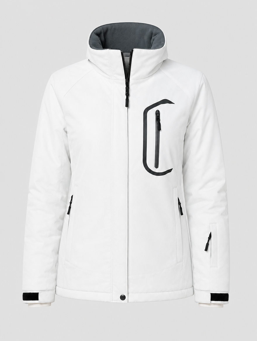 Women's white waterproof insulated ski jacket, front view