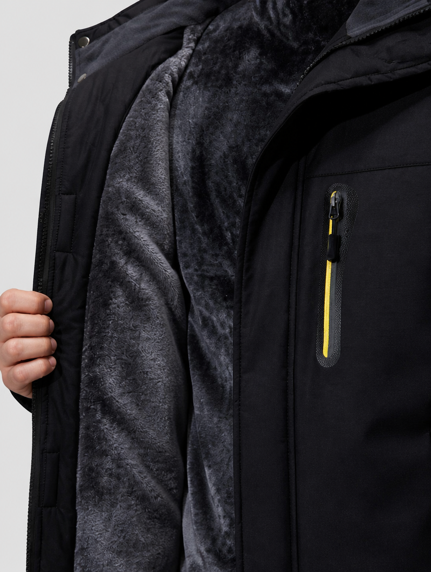 Close-up of the thick grey fleece lining and chest zip pocket