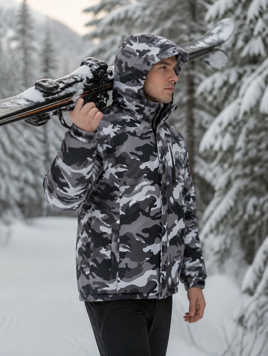 Man wearing the black camo ski jacket carrying skis through a snowy forest