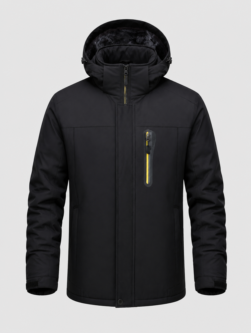 Men's black fleece-lined water-resistant ski jacket, hood up, front view