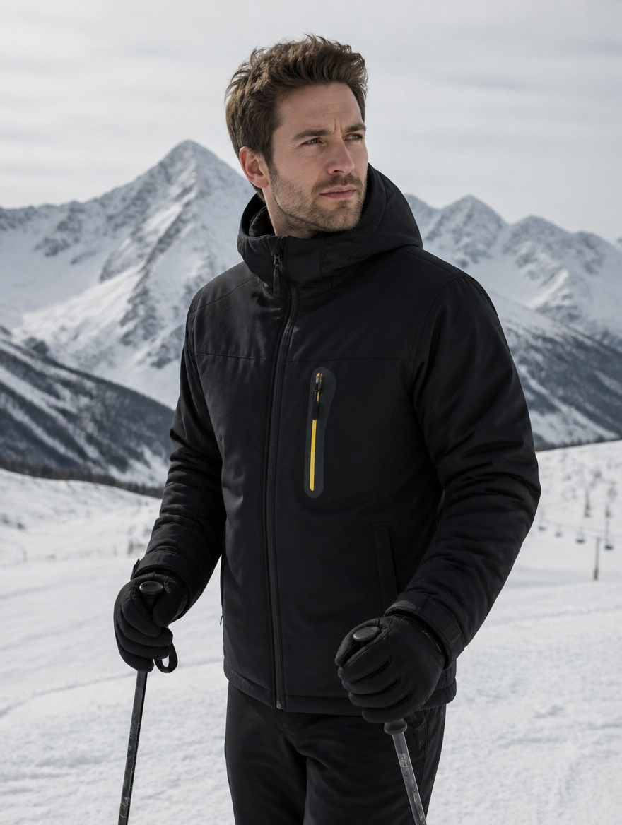 Man wearing the black fleece-lined ski jacket on a mountain slope