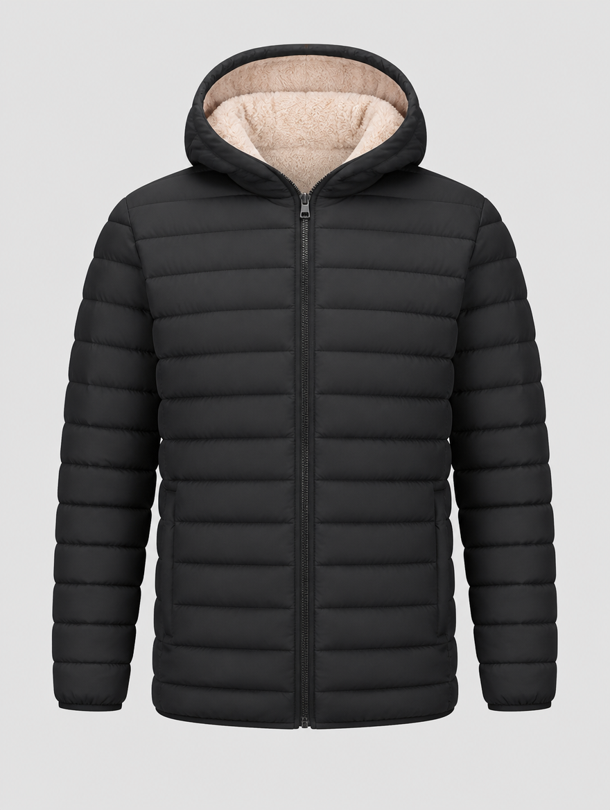 Men's black hooded sherpa-lined puffer jacket, front view