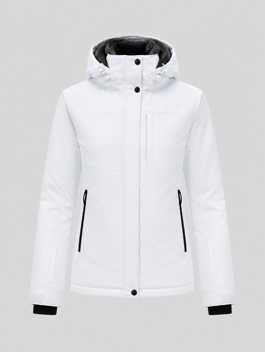 Women's white fleece-lined waterproof ski jacket, front view