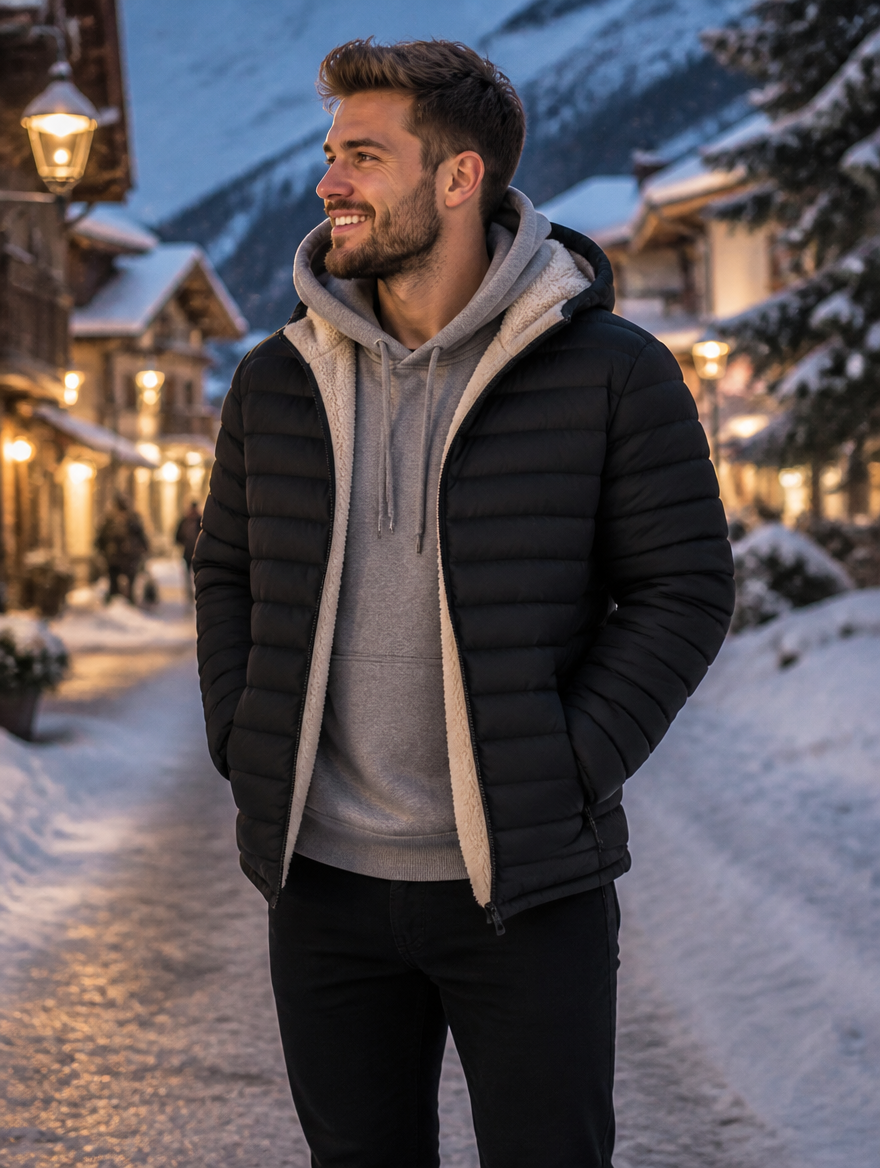 Man wearing the black sherpa-lined puffer jacket in a snowy village