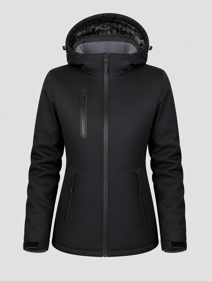 Women's black windproof waterproof ski jacket, front view