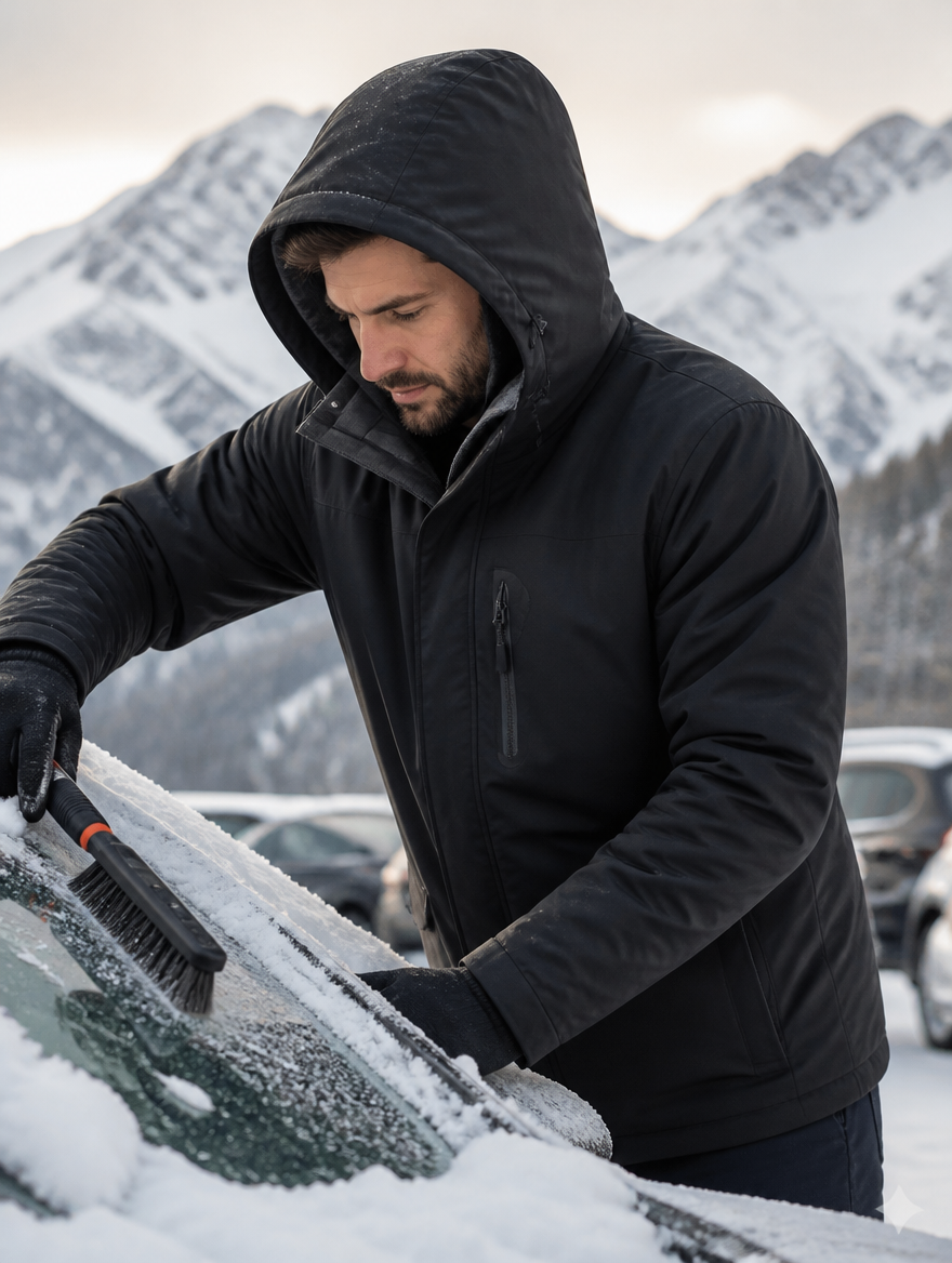 Man clearing snow from a car in the black ski and snow jacket