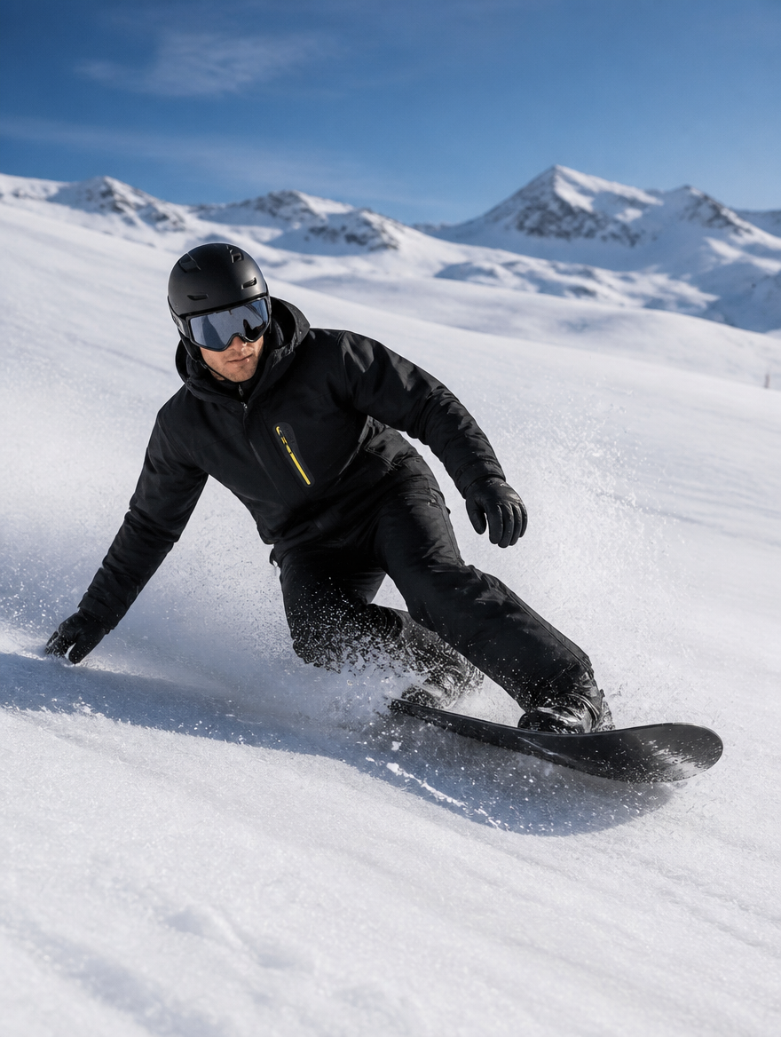 Man snowboarding in the black fleece-lined ski parka