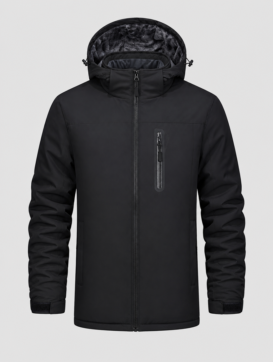 Men's black water-resistant ski and snow jacket, front view