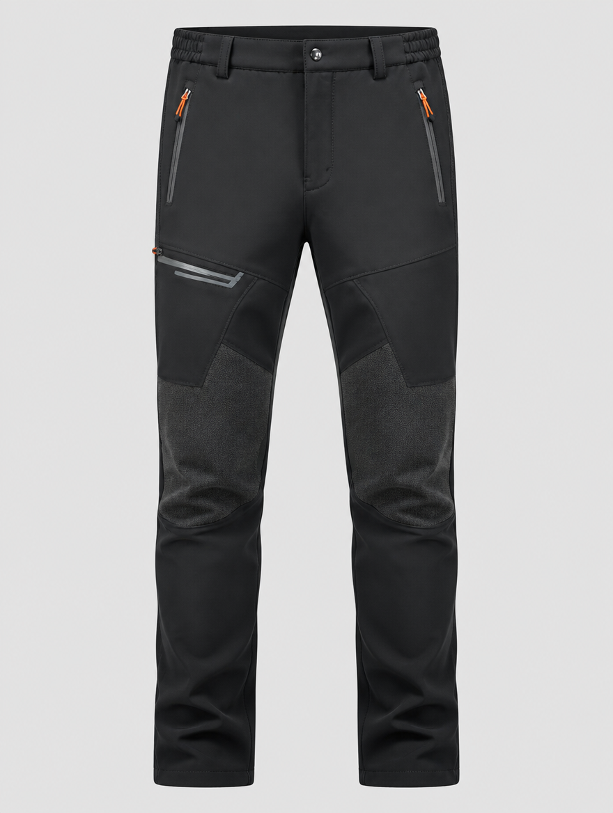 Men's black fleece-lined ski pants with orange zip pockets, front view