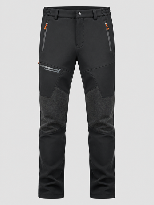 Men's black fleece-lined ski pants with orange zip pockets, front view