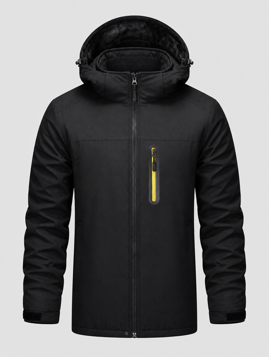 Men's black water-resistant fleece-lined ski parka, front view