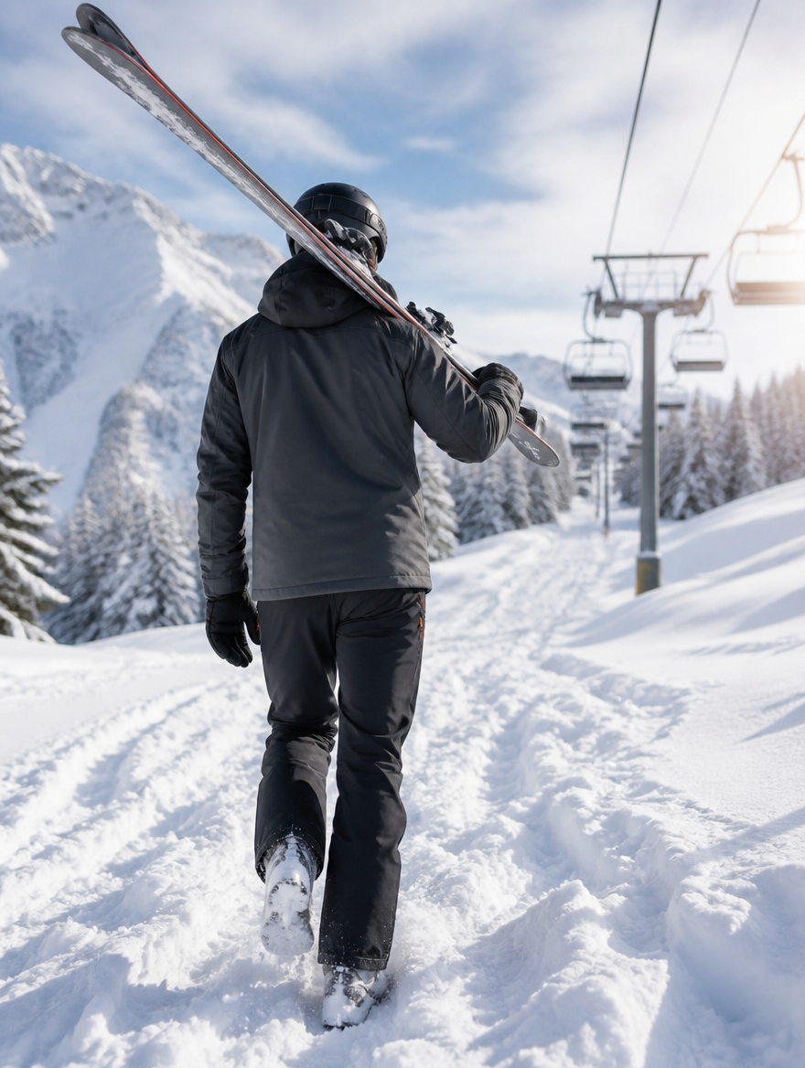 Man walking to a chairlift in the black fleece-lined ski pants