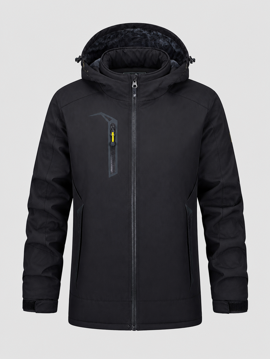 Men's black fleece-lined ski parka with pockets, front view