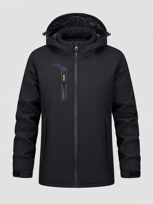 Men's black fleece-lined ski parka with pockets, front view