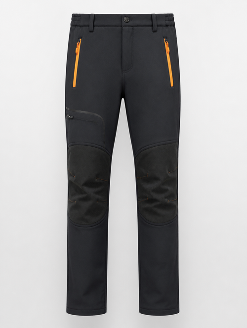Men's black fleece-lined softshell ski pants with orange zips, front view