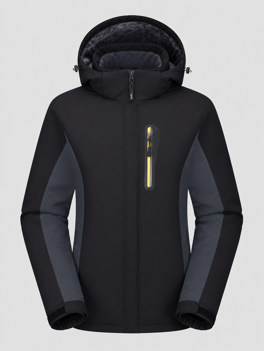 Women's black and grey colour-block fleece-lined ski jacket, front view