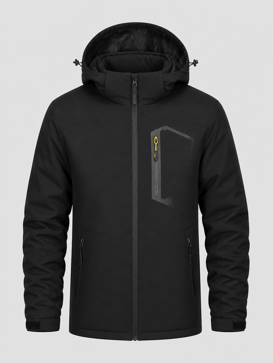 Men's black water-repellent fleece-lined ski jacket, front view