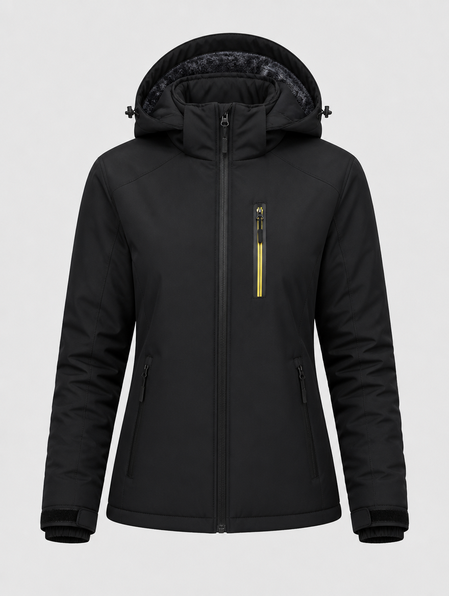 Women's black water-resistant fleece ski jacket with four pockets, front view