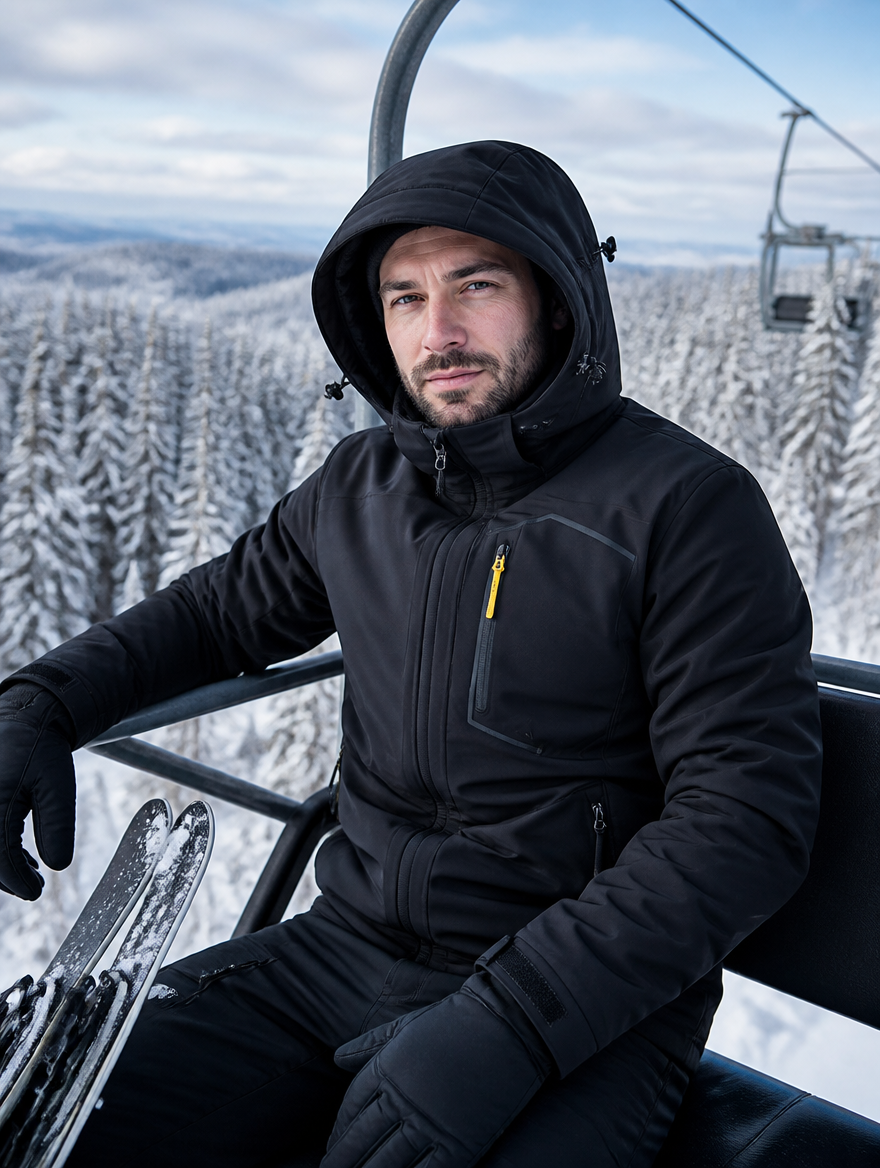 Man on a chairlift in the black water-repellent ski jacket