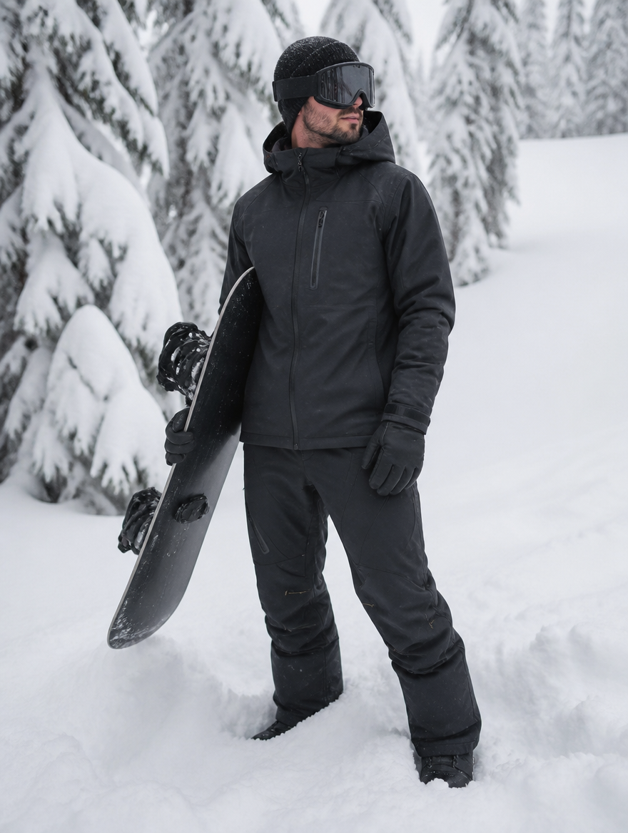 Man standing in powder snow with a snowboard in the black snow pants