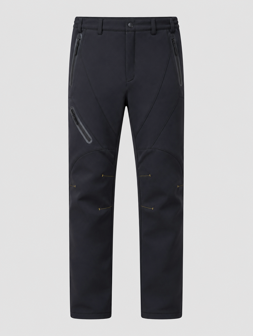 Men's black fleece-lined waterproof snow pants, front view