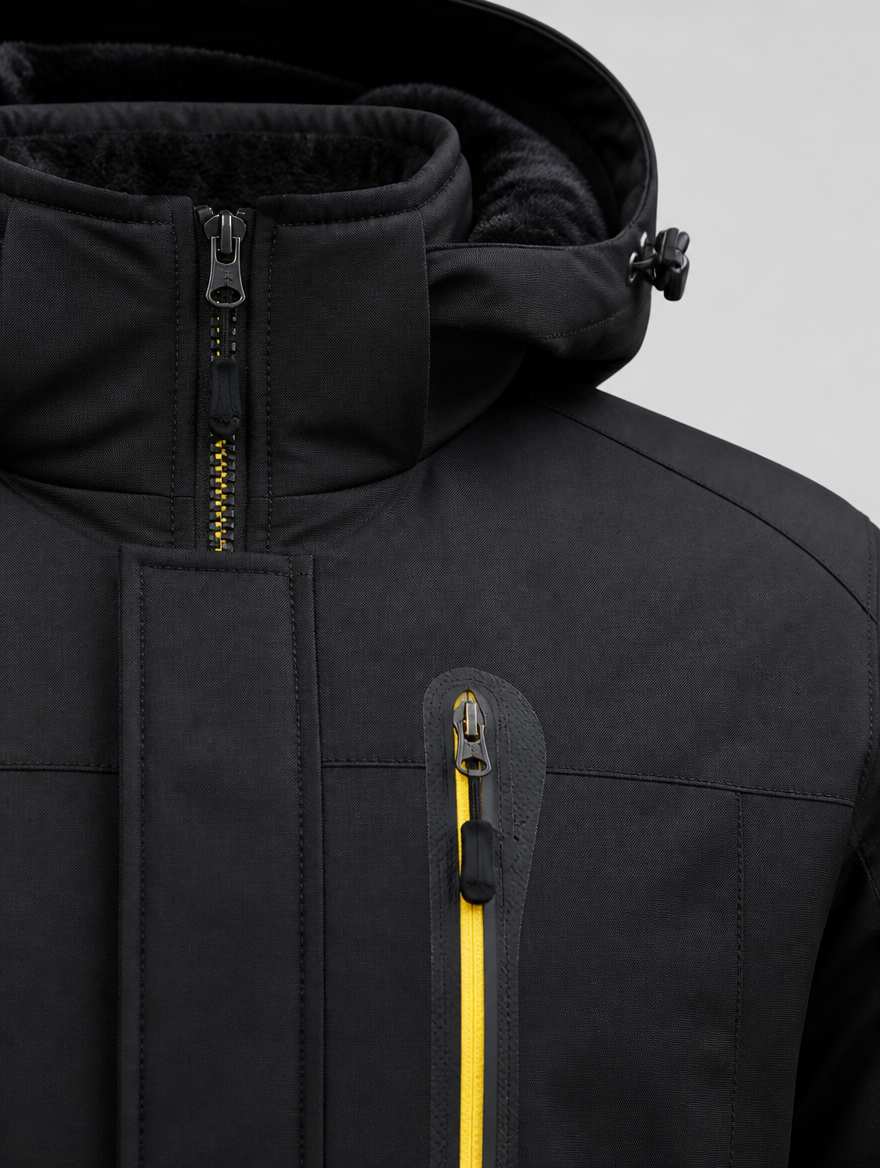Close-up of the chest zip pocket and fleece collar