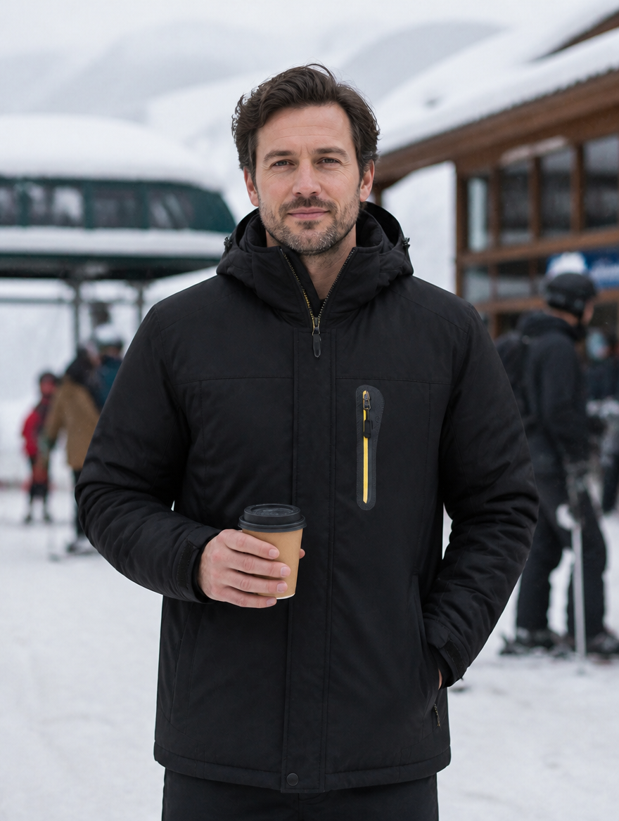 Man wearing the fleece-lined ski jacket at a resort base