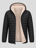 Puffer jacket opened to show the cream sherpa fleece lining