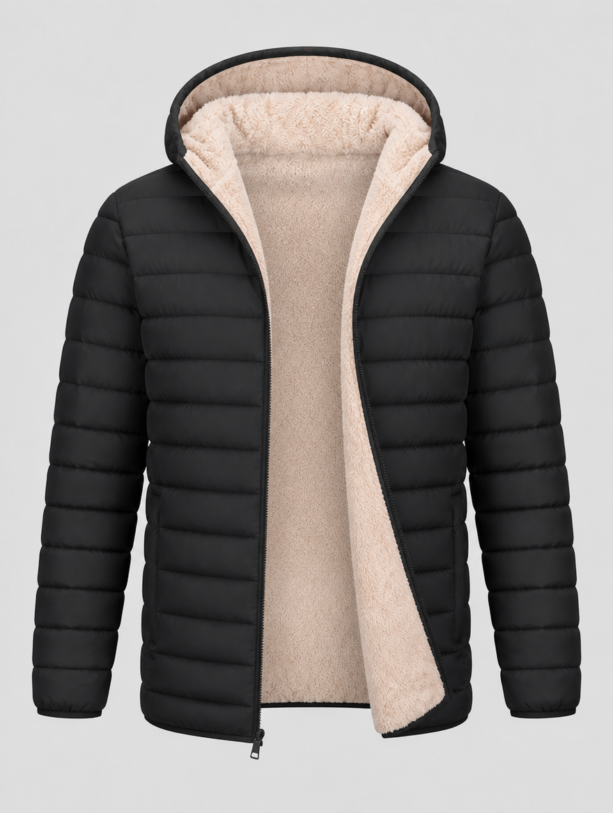 Puffer jacket opened to show the cream sherpa fleece lining