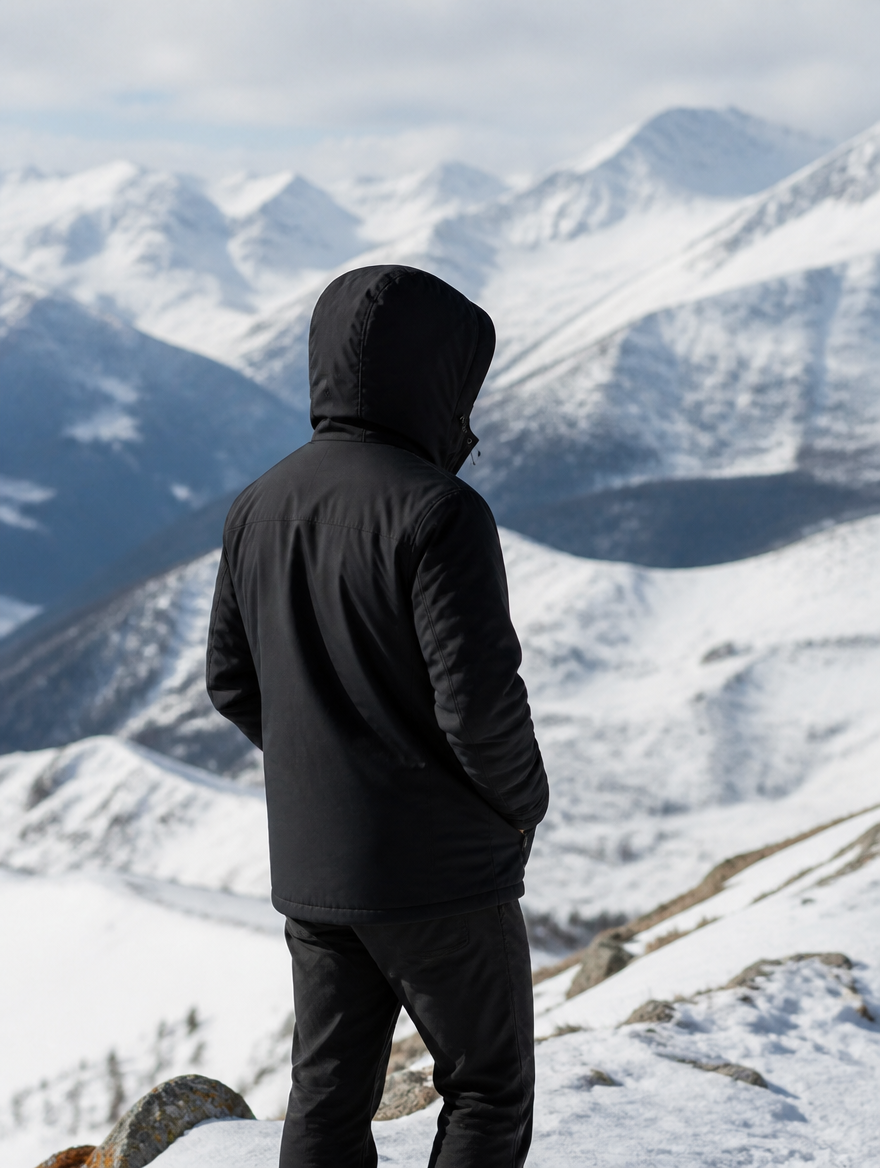 Back view of the ski jacket worn on a snowy ridge