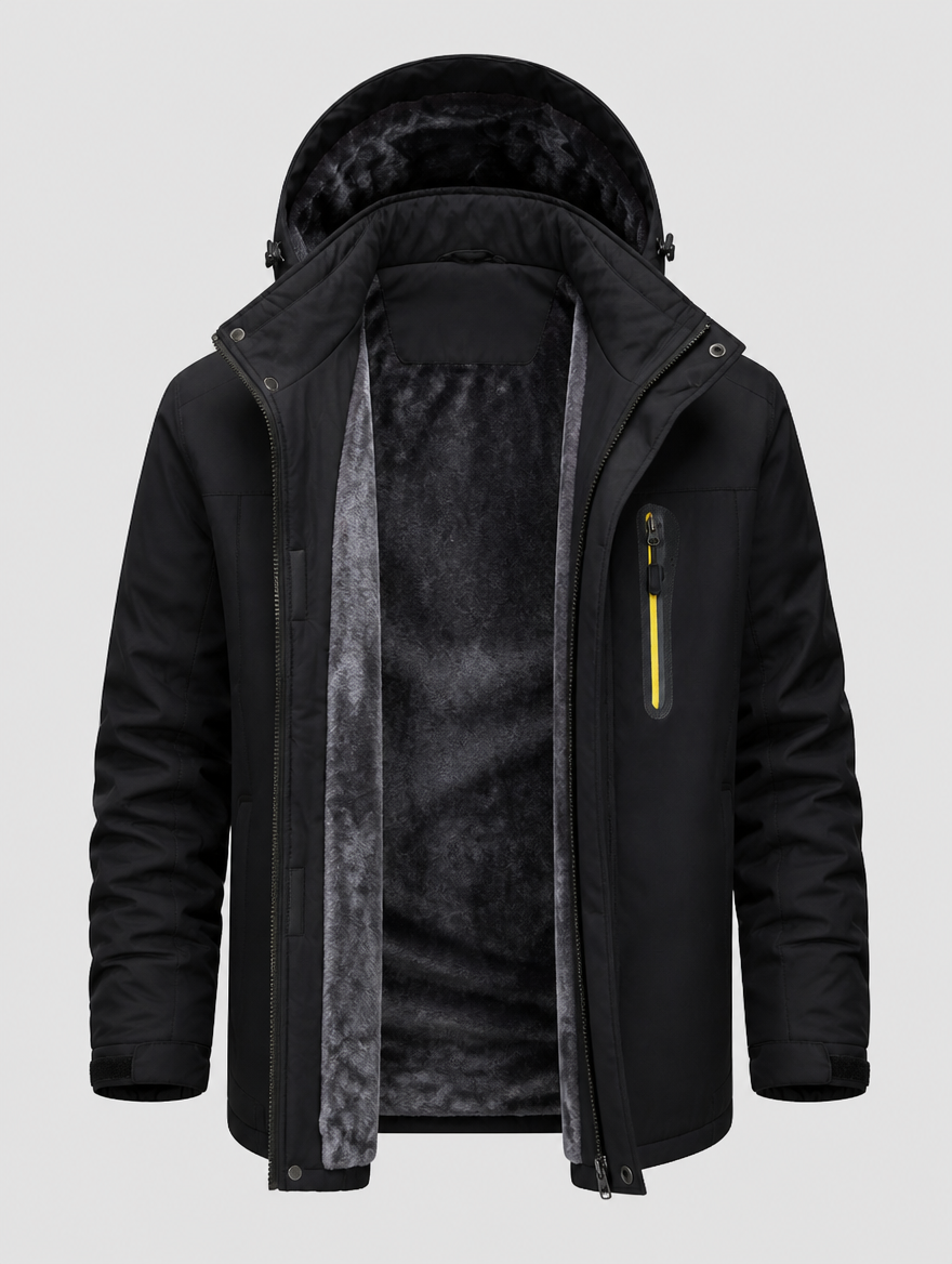 Men's fleece-lined ski jacket opened to show the grey fleece lining