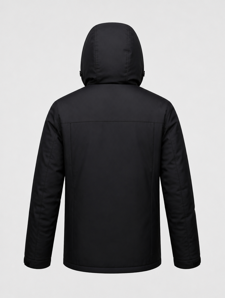Men's fleece-lined ski jacket, back view with hood up