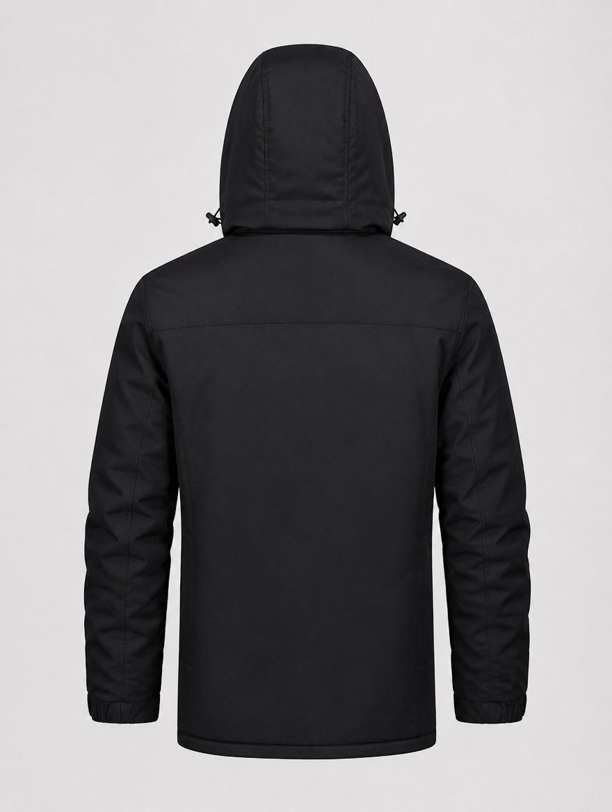 Men's ski and snow jacket, back view with hood up