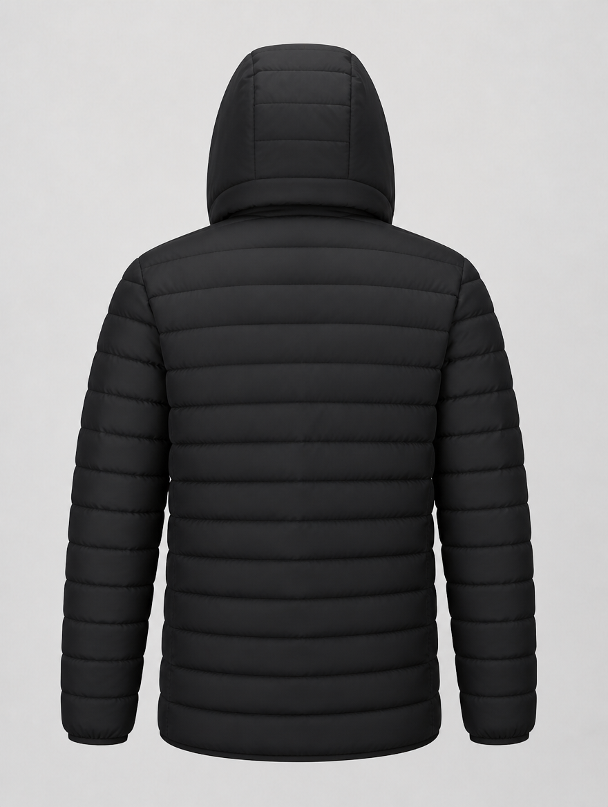 Puffer jacket, back view with hood up