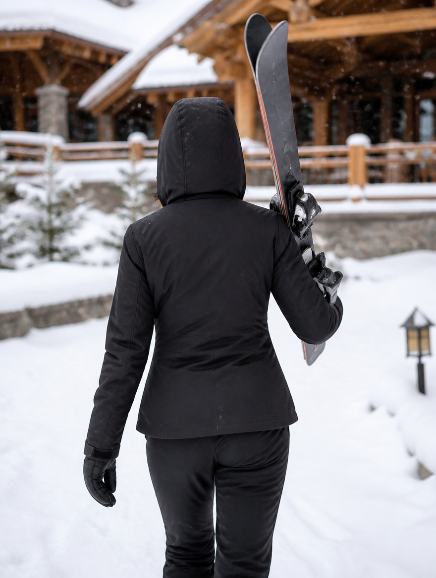 Back view of the ski jacket worn walking to a chalet