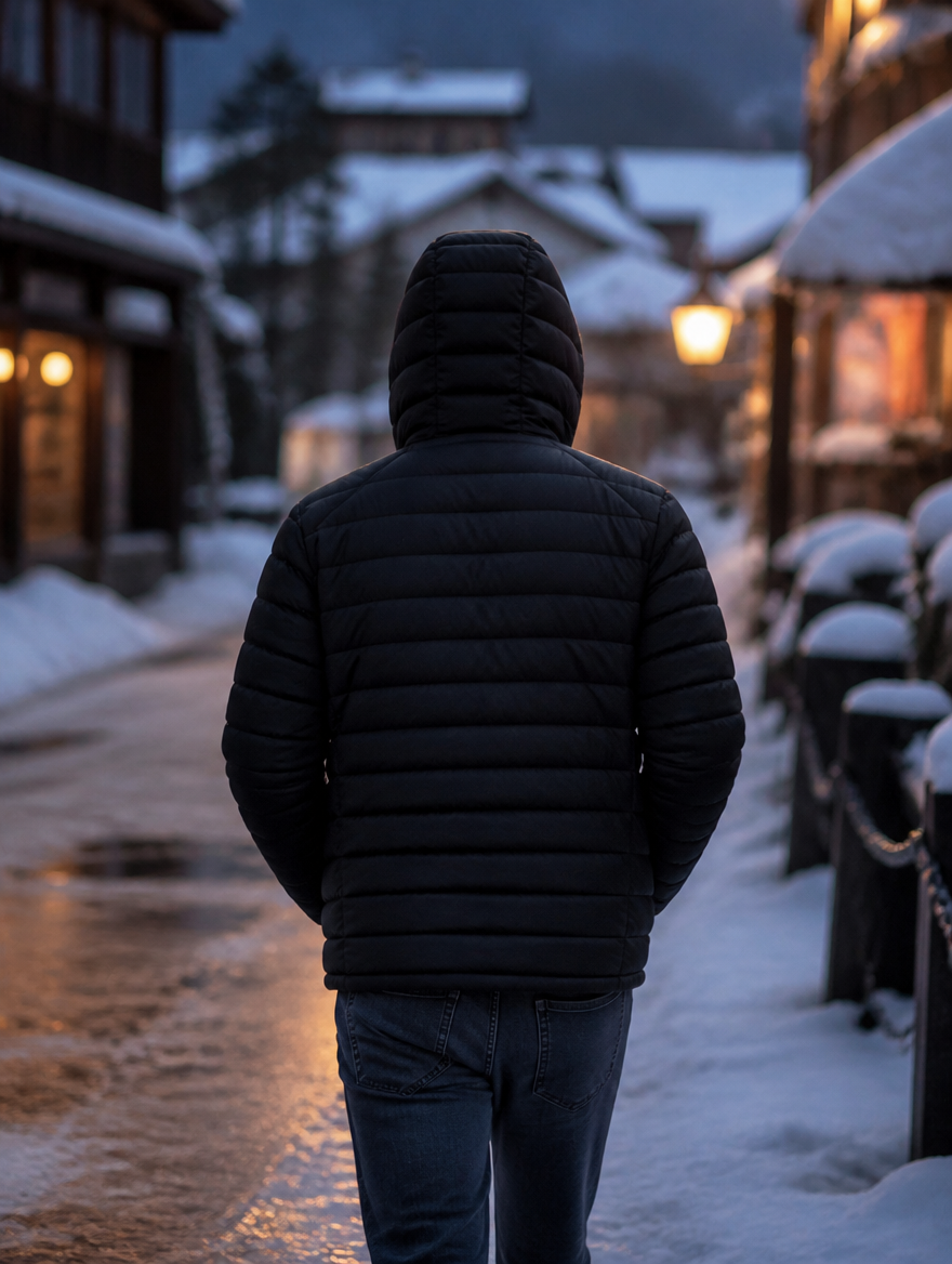 Back view of the puffer jacket worn at dusk
