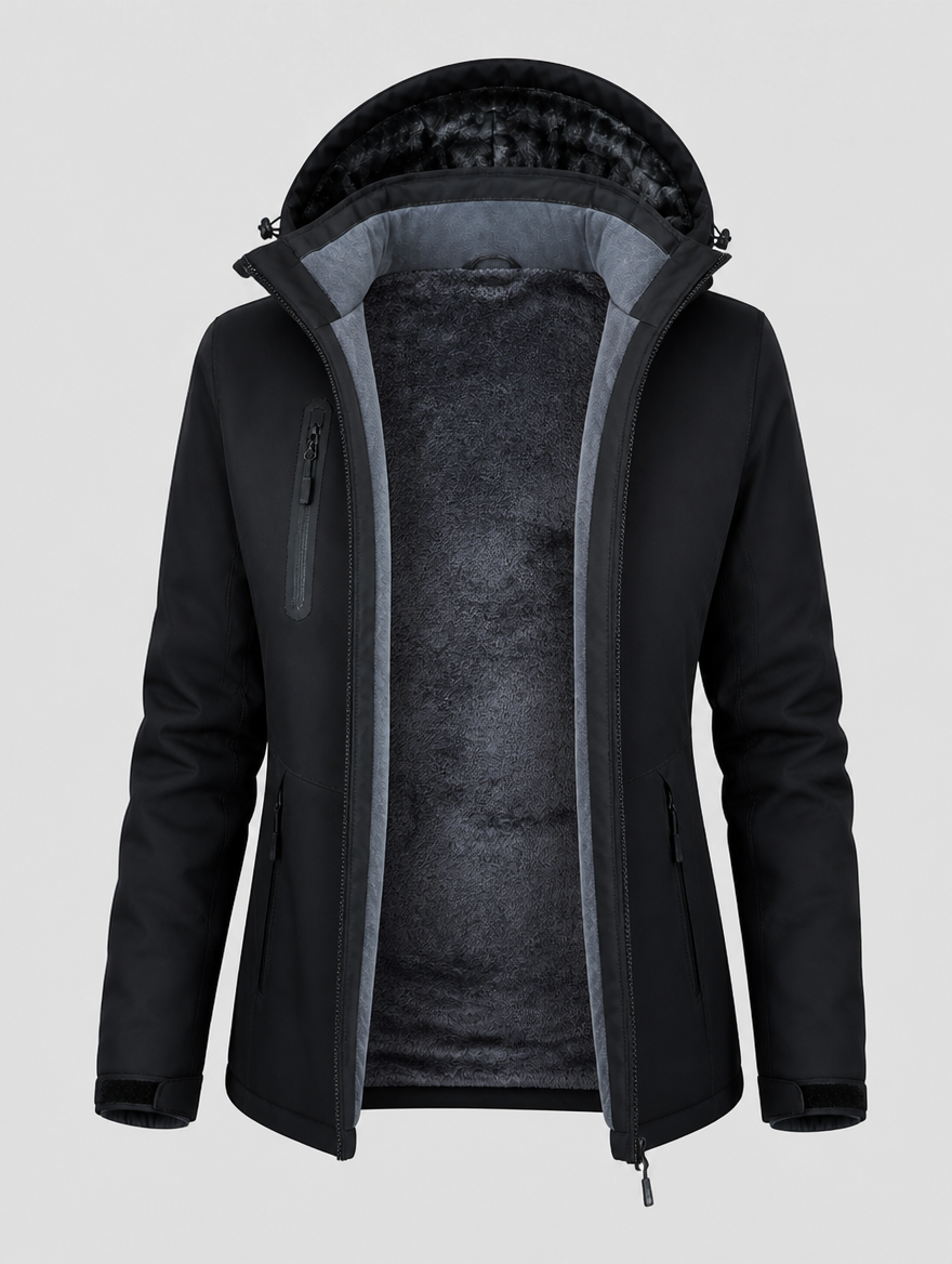 Women's windproof ski jacket opened to show the fleece lining