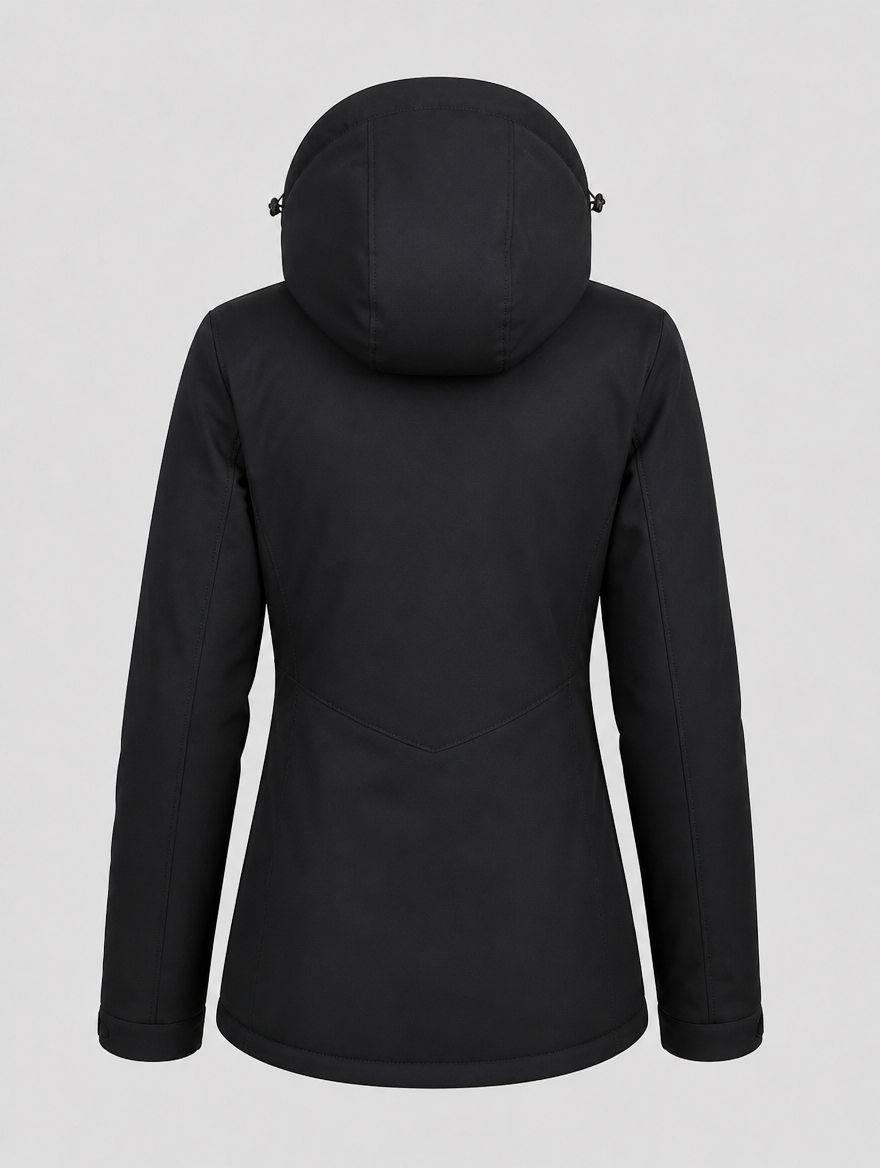 Women's windproof ski jacket, back view with hood up