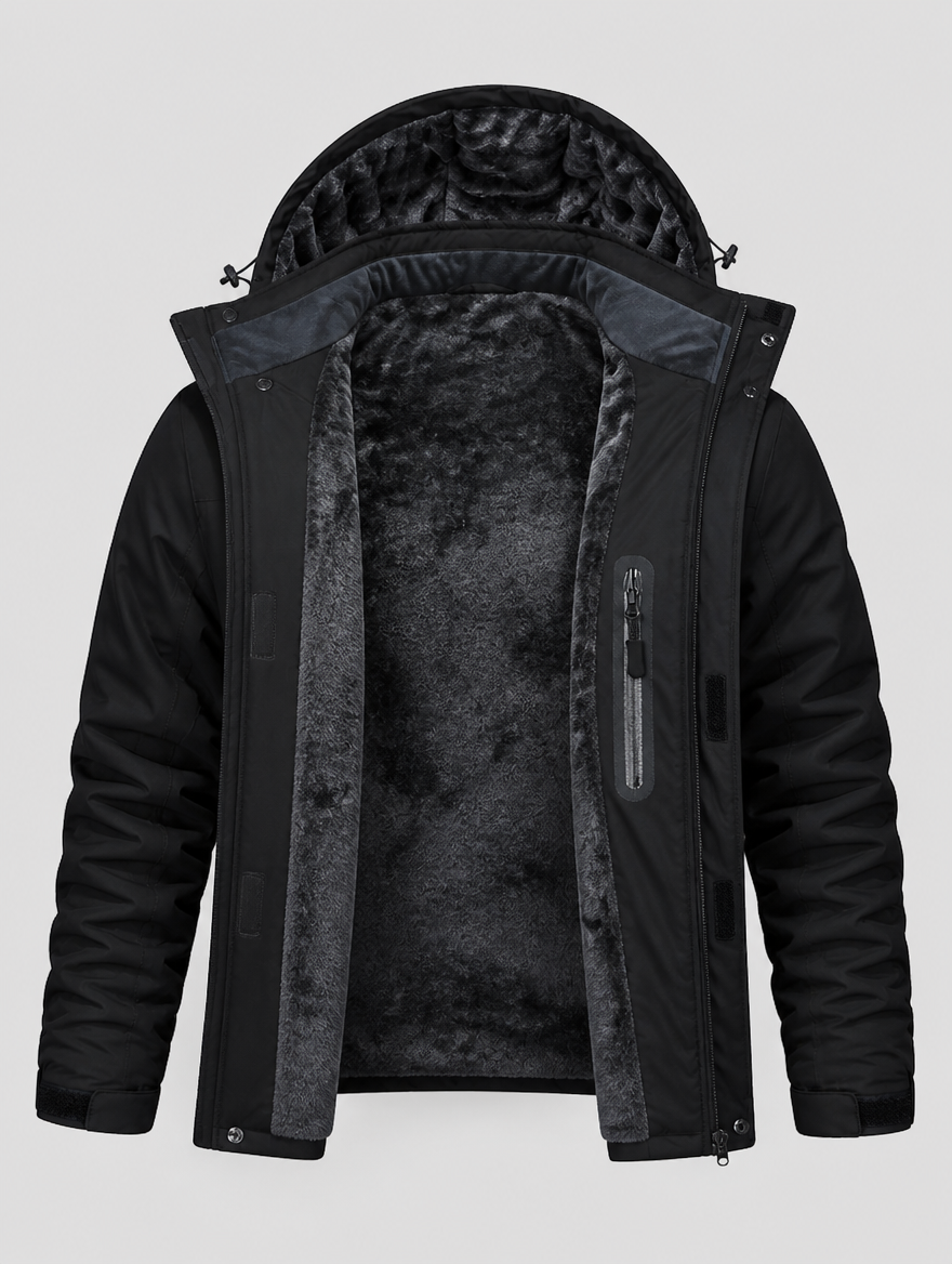 Men's ski and snow jacket opened to show the fleece lining