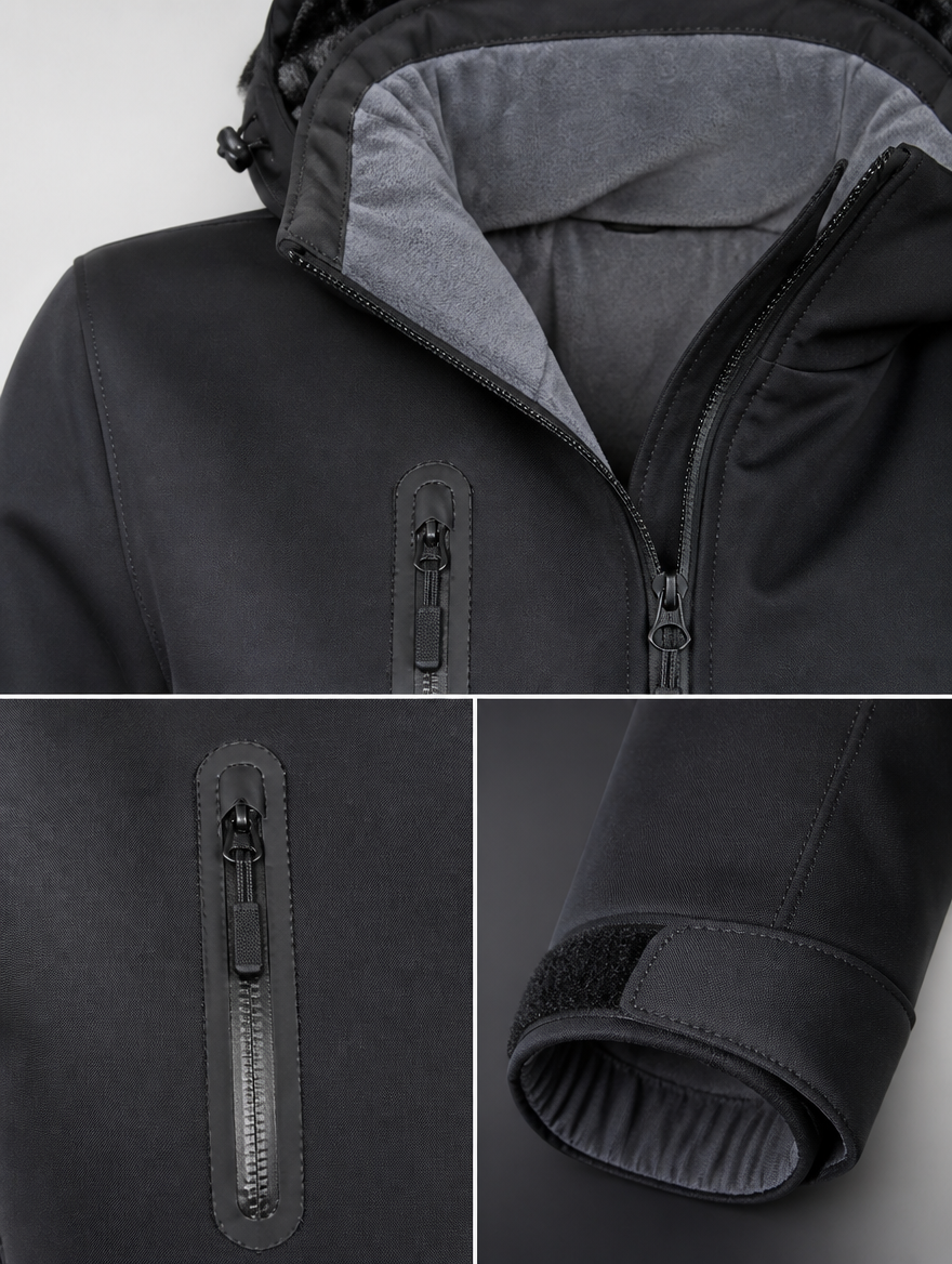 Close-up of the chest zip, brushed collar and cuff tab